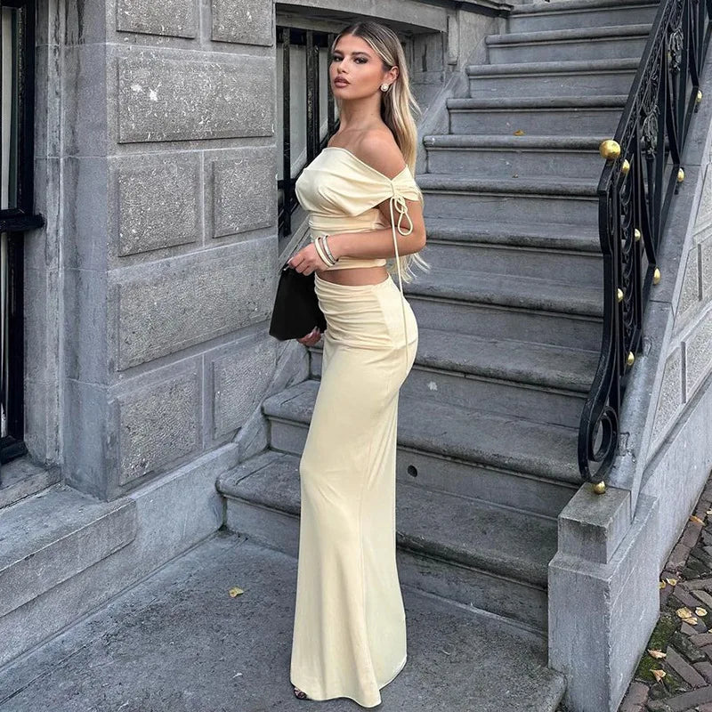 סט שני חלקים חצאית מקסי וחולצת כתפיים חשופות - ינאי