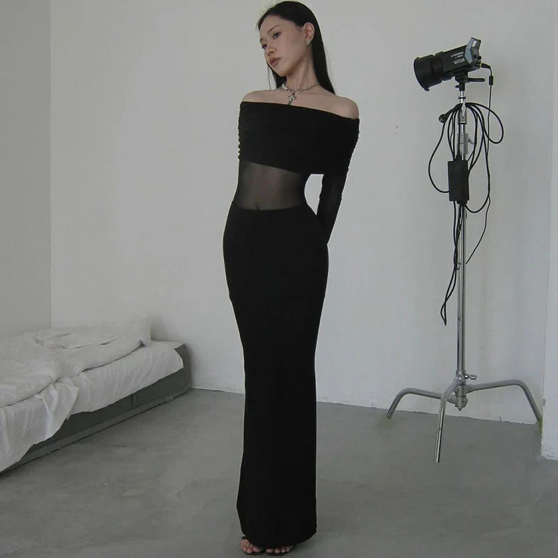 שמלת מקסי כתפיים חשופות בעיצוב רשת - קסניה