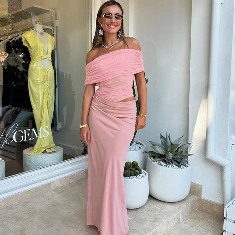 שמלת מקסי כיווצים בעיצוב רשת וכתפיים חשופות - קשת