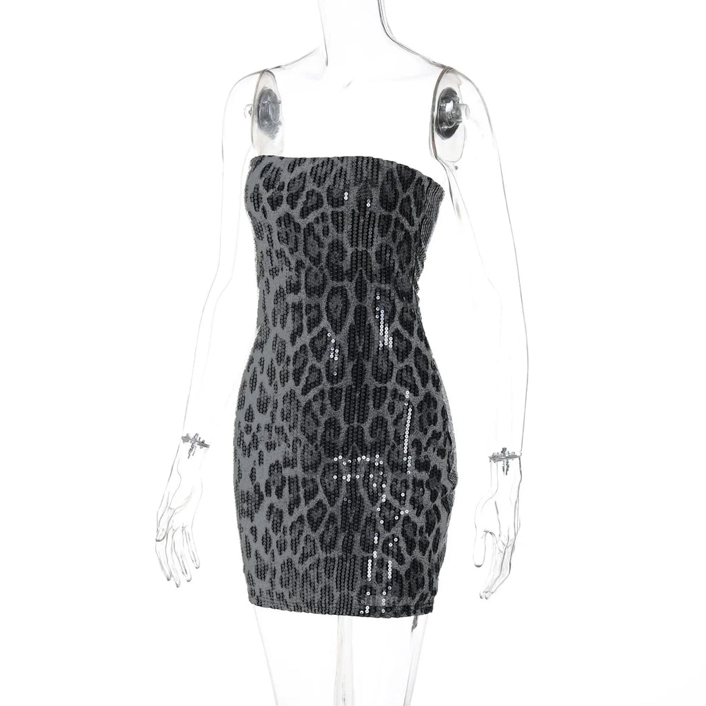 שמלת מיני סטרפלס פייטים מנומרת - Veronica