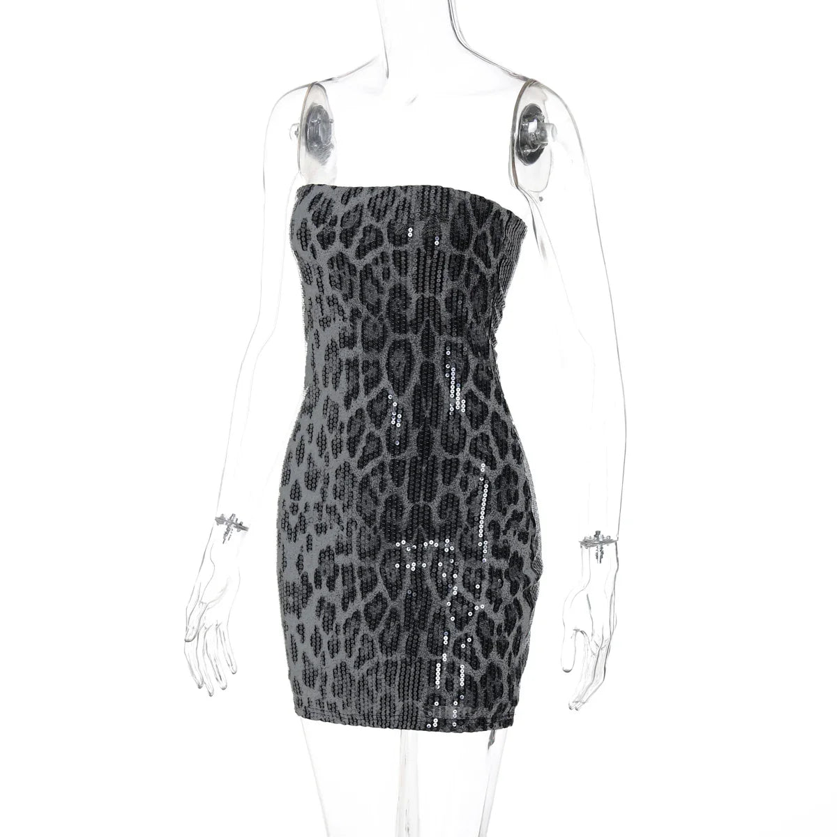 שמלת מיני סטרפלס פייטים מנומרת - Veronica