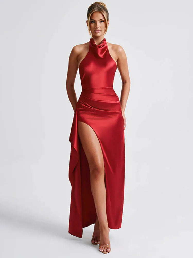 שמלת מקסי סאטן גב פתוח בעיצוב קולר ושסע  - נסטיה