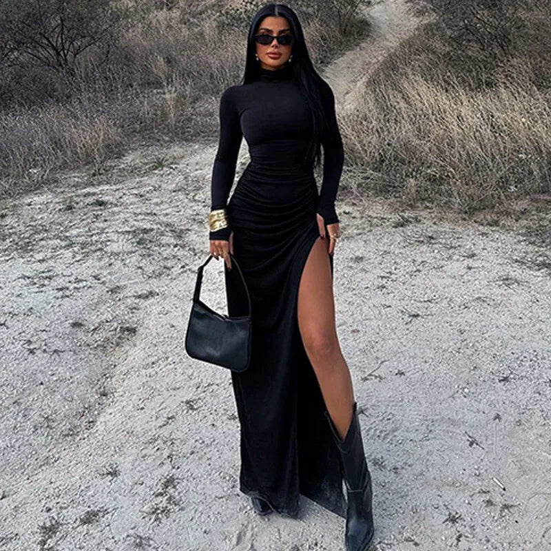 שמלת מקסי כיווצים צווארון גולף בעיצוב שסע עמוק - סאשה