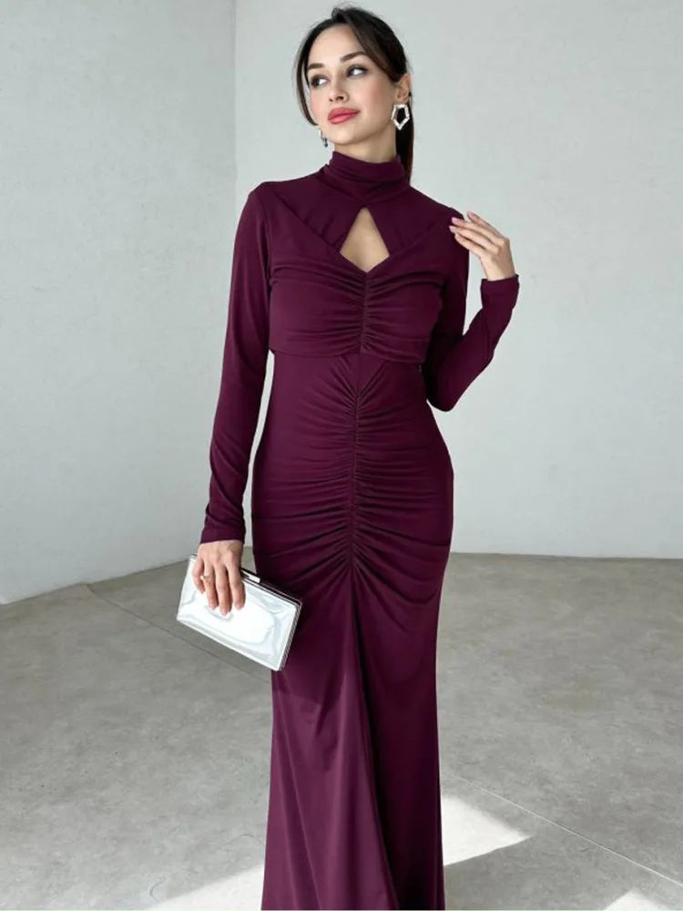 שמלת מקסי צווארון גולף צנועה בעיצוב כיווצים ומלמלה - מלכה