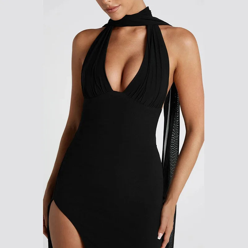 שמלת מקסי בעיצוב שסע בעיטור צעיף תואם - טלאור