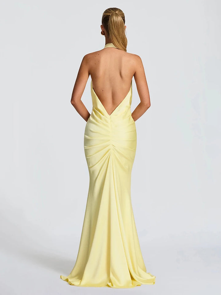 V-neck satin maxi dress with pleated design and open back - Shannon
