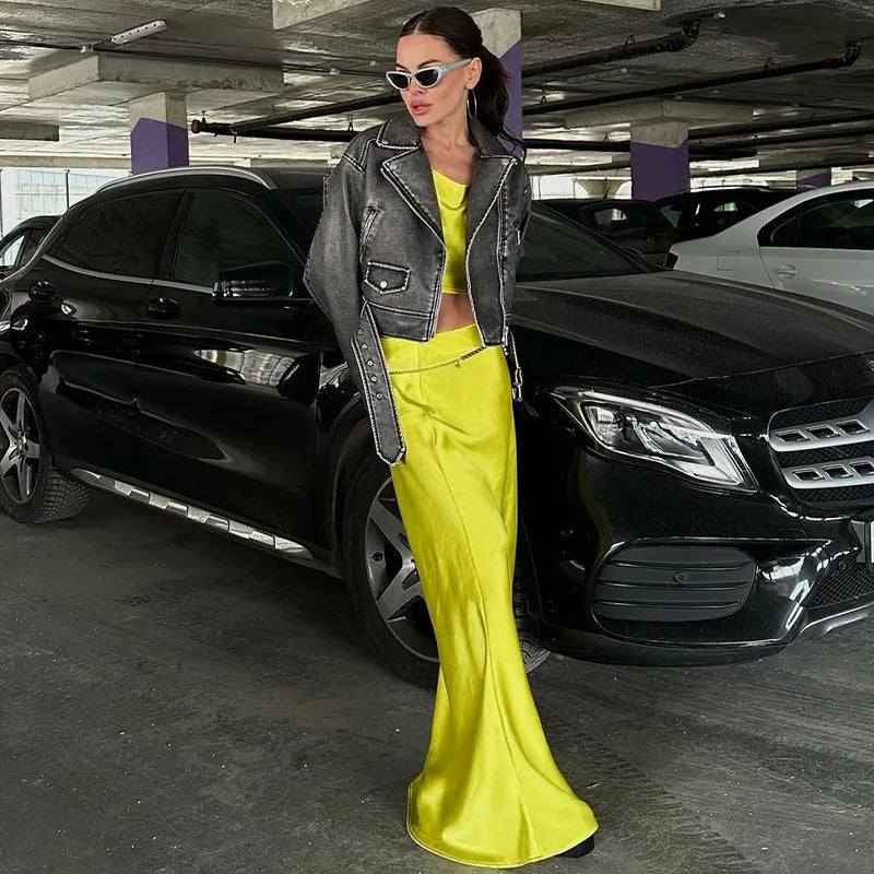 סט סאטן שני חלקים חולצה וחצאית מקסי - דניאלה