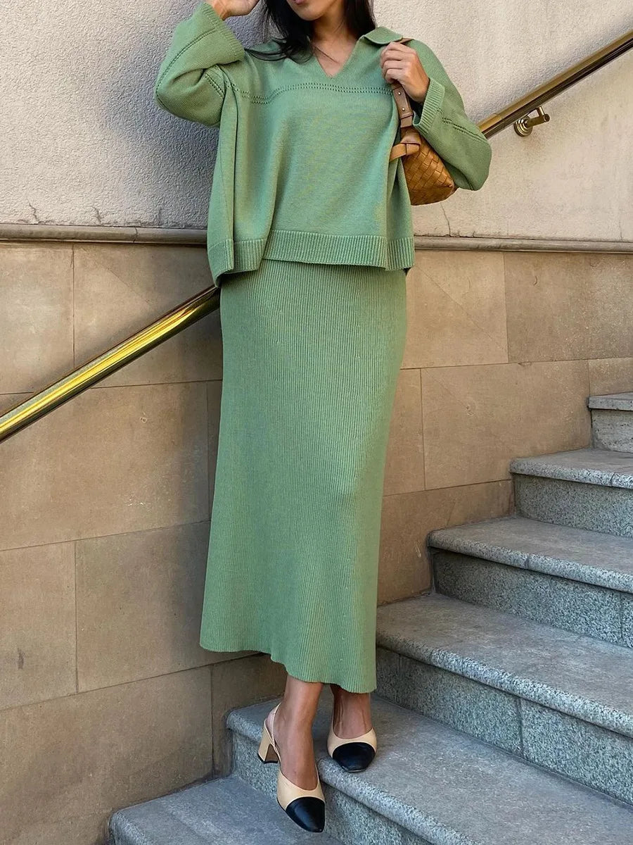 חליפת שני חלקים loose סרוגה חצאית מקסי וחולצה - שילב