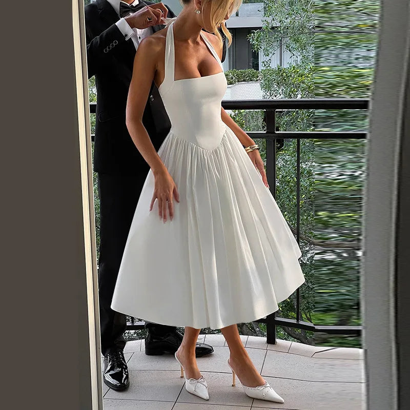 שמלת מידי בגזרת A גב פתוח קשירה בצוואר - Angie