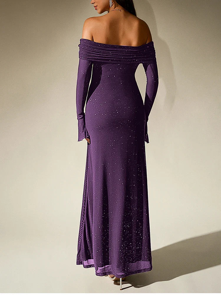 שמלת מקסי נצנצים בעיצוב כתפיים חשופות שרוולי פעמון - מרגריטה