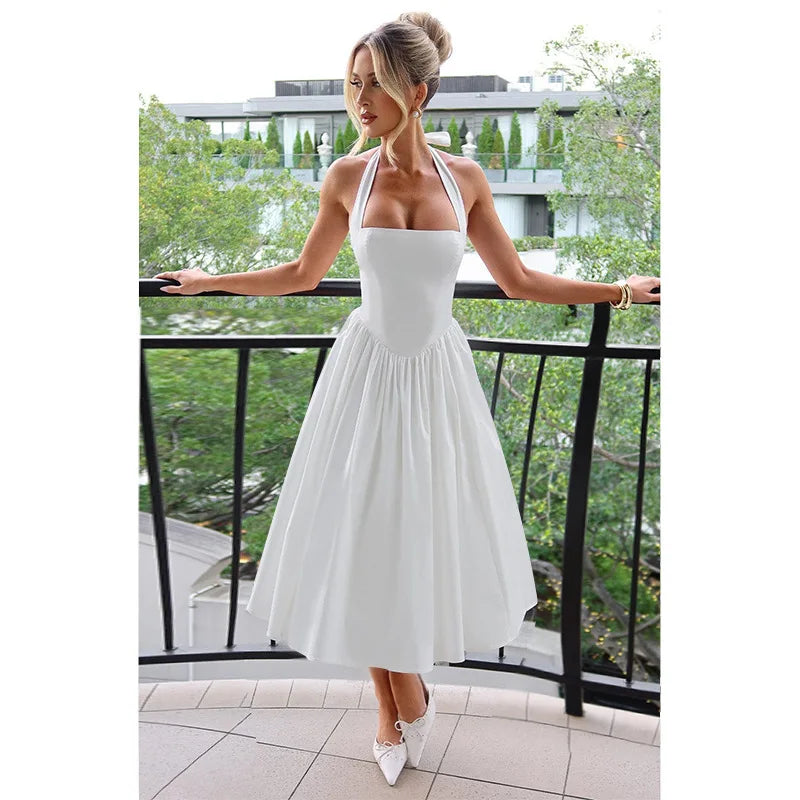 שמלת מידי בגזרת A גב פתוח קשירה בצוואר - Angie