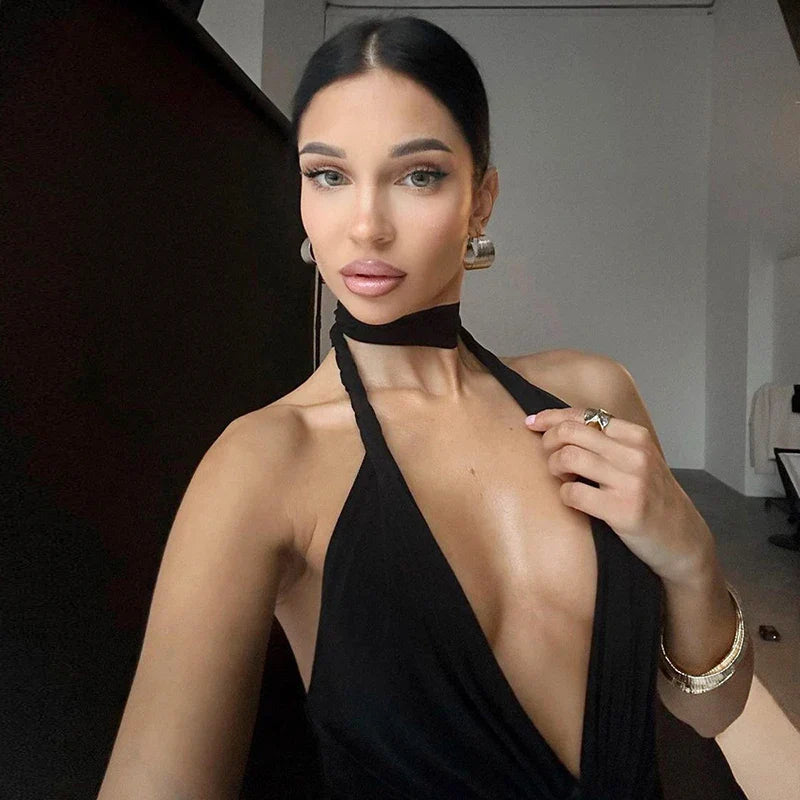 שמלת מקסי כיווצים גב פתוח קשירה בצוואר - לימה