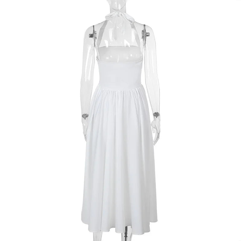 שמלת מידי בגזרת A גב פתוח קשירה בצוואר - Angie