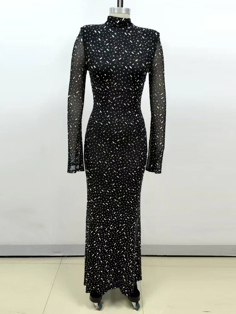 שמלת ערב מקסי יוקרתית בעיטור יהלומים מנצנצים צווארון גולף - Emerson