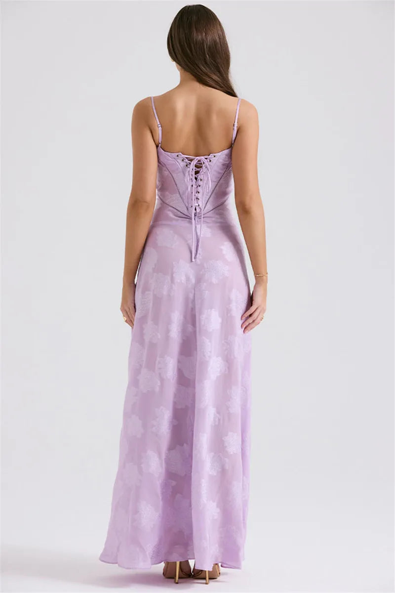 שמלת מקסי בעיטור רקמת פרחים קשירה בגב להצמדה במותן - מילי