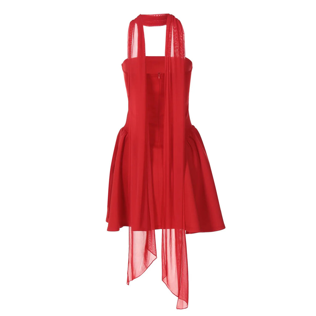 שמלת מיני סטרפלס בגזרת A בעיטור צעיף תואם - Amelie