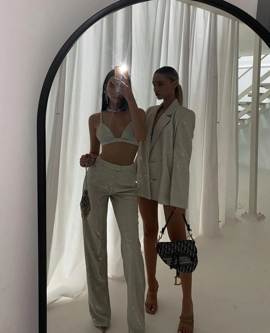 חליפת נצנצים 3 חלקים גוזיה בלייזר ומכנסיים גזרה גבוהה ארוכים - פאשה