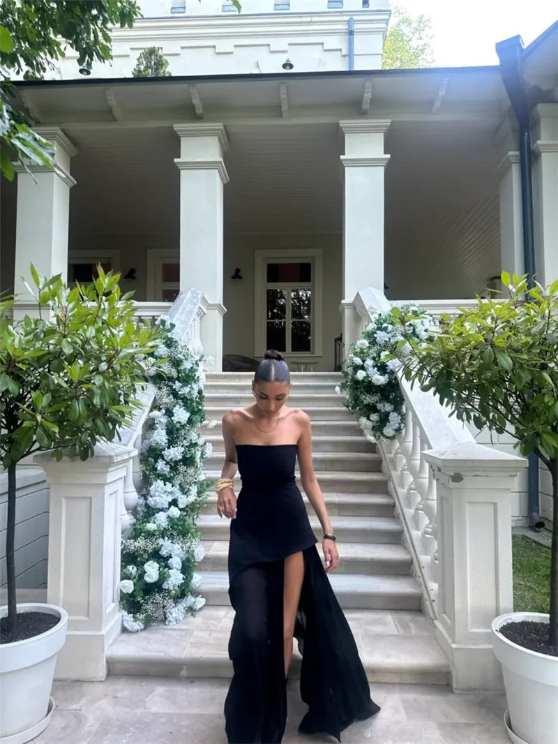 שמלת מקסי סטרפלס חלק תחתון שיפון בעיצוב שסע בעיטור צעיף תואם - Princess