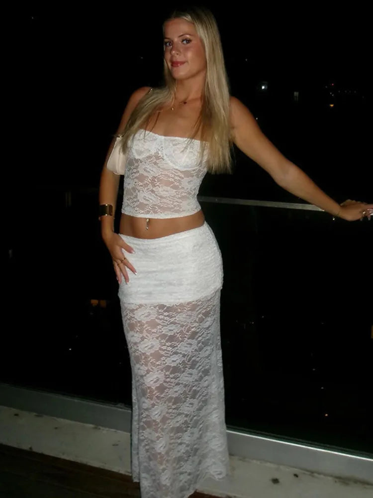 סט תחרה שני חלקים טופ גופיה קשירות בגב וחצאית מקסי - רייצ'ל