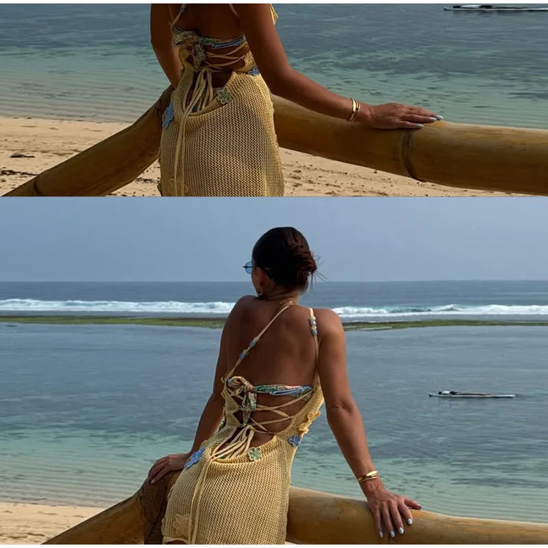 שמלת חוף רשת סרוגה / סט חוף שני חלקים טופ וחצאית מקסי רשת סרוגה בעיטור אפליקציות פרחים - סאנשיין