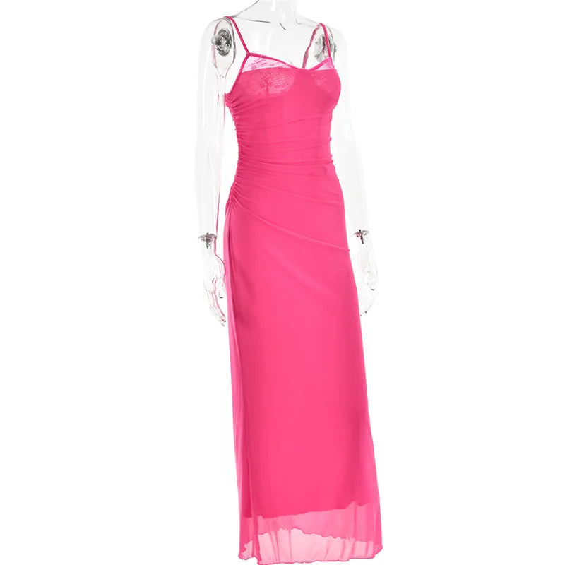 שמלת מקסי שיפון צמודה בעיטור תחרה - רוזליה