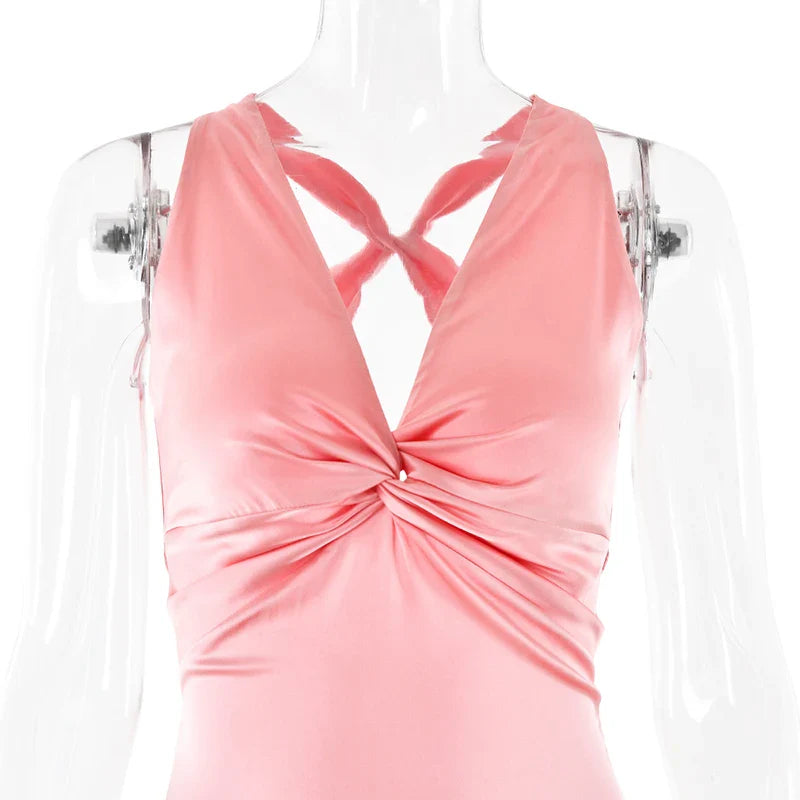 שמלת מקסי סאטן בעיצוב קשירות בגב - ברטה