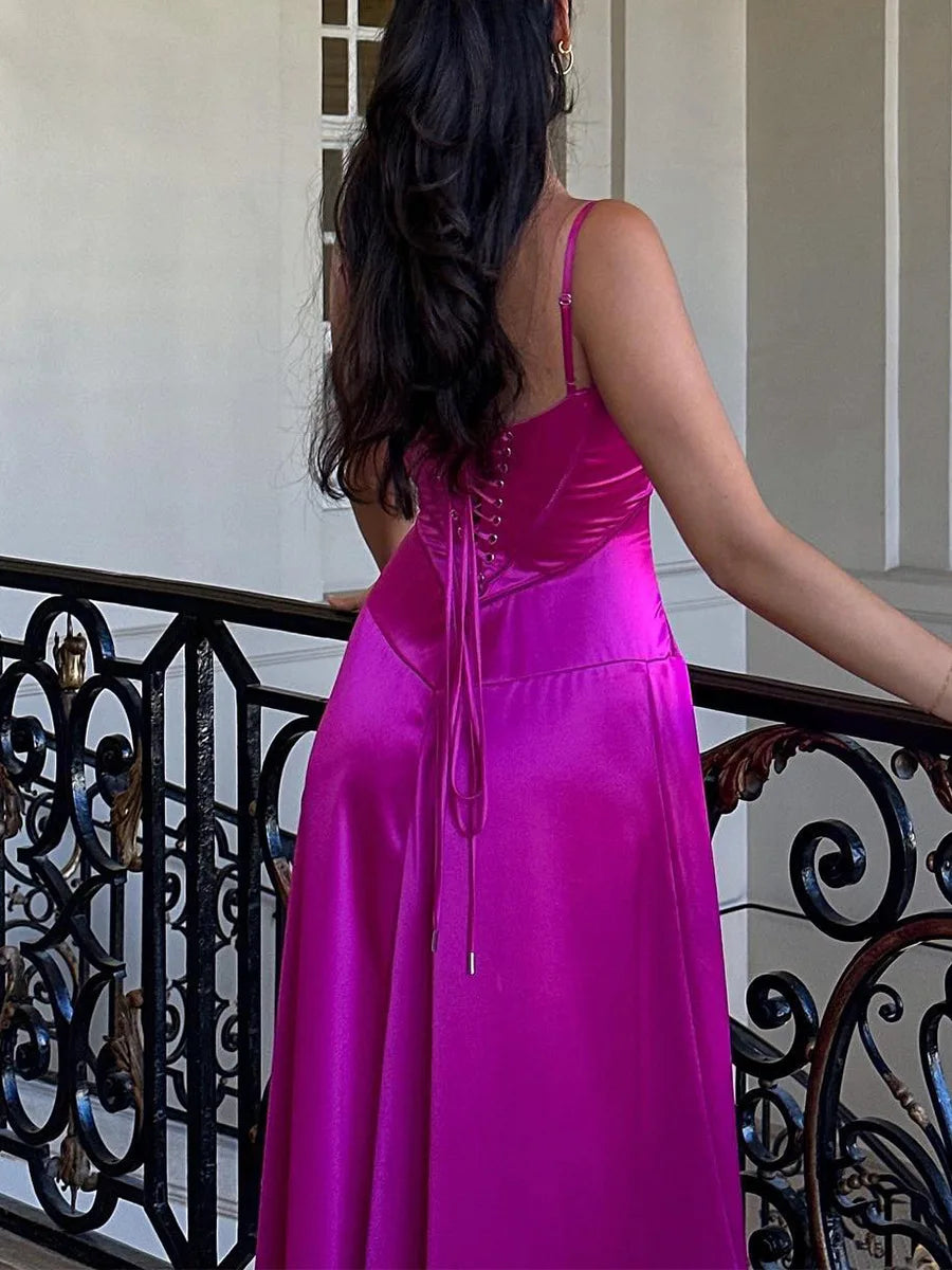 שמלת מקסי סאטן קשירה בגב להצמדה במותן - Lilia