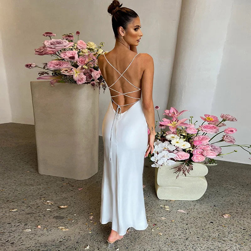 שמלת מקסי סאטן שסע עמוק רצועות זרקונים נוצצות - שיה