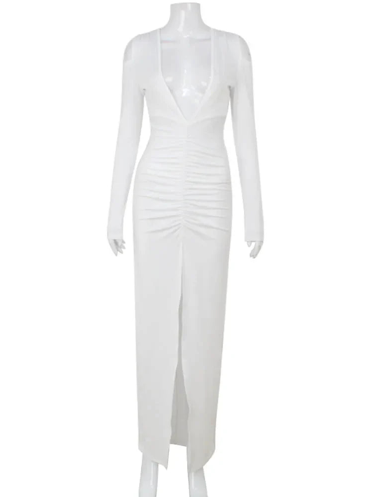 שמלת מקסי כיווצים בעיצוב מחשוף V שסע וכתפיים חשופות - Sylvia