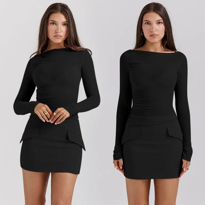 סט 3 חלקים חצאית מיני חולצה וגוזייה צמוד בעיטור כיסים - פרל