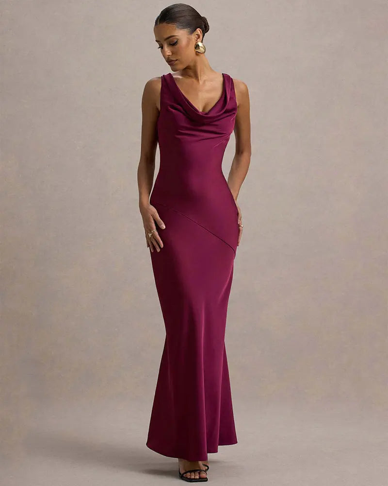 שמלת מקסי סאטן בעיצוב צווארון נופל וגב פתוח - אלקסיס