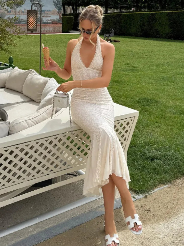 שמלת מקסי תחרה קשירה בצוואר גב פתוח - וונילה