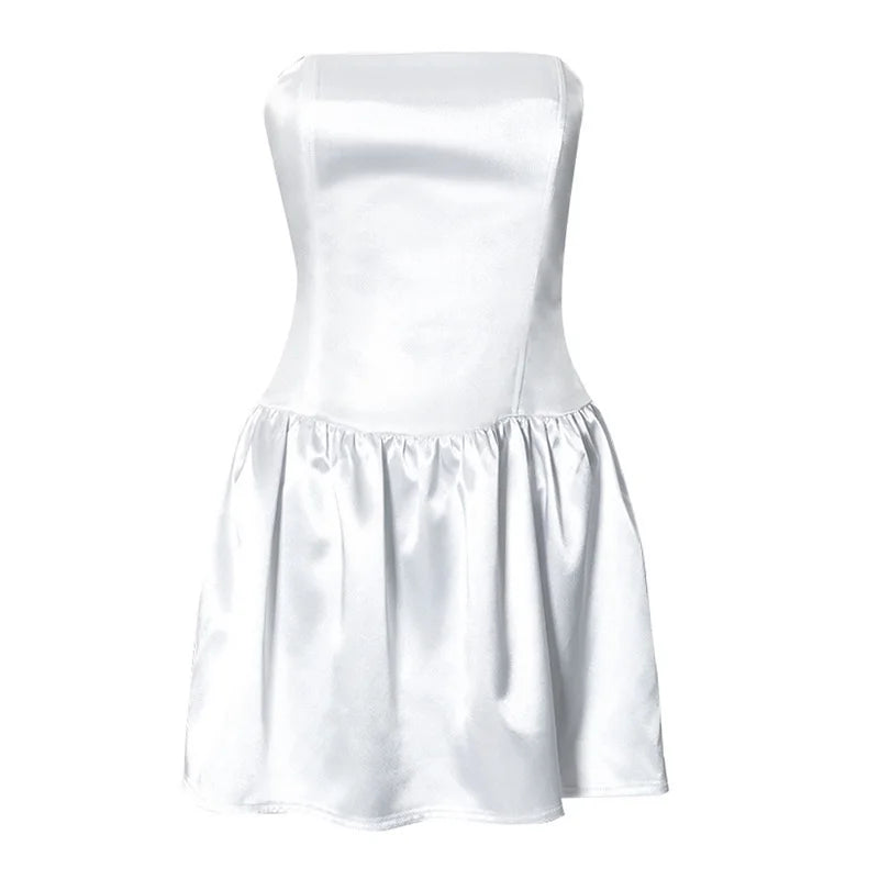 שמלת מיני סטרפלס סאטן קשירות בגב - מילי