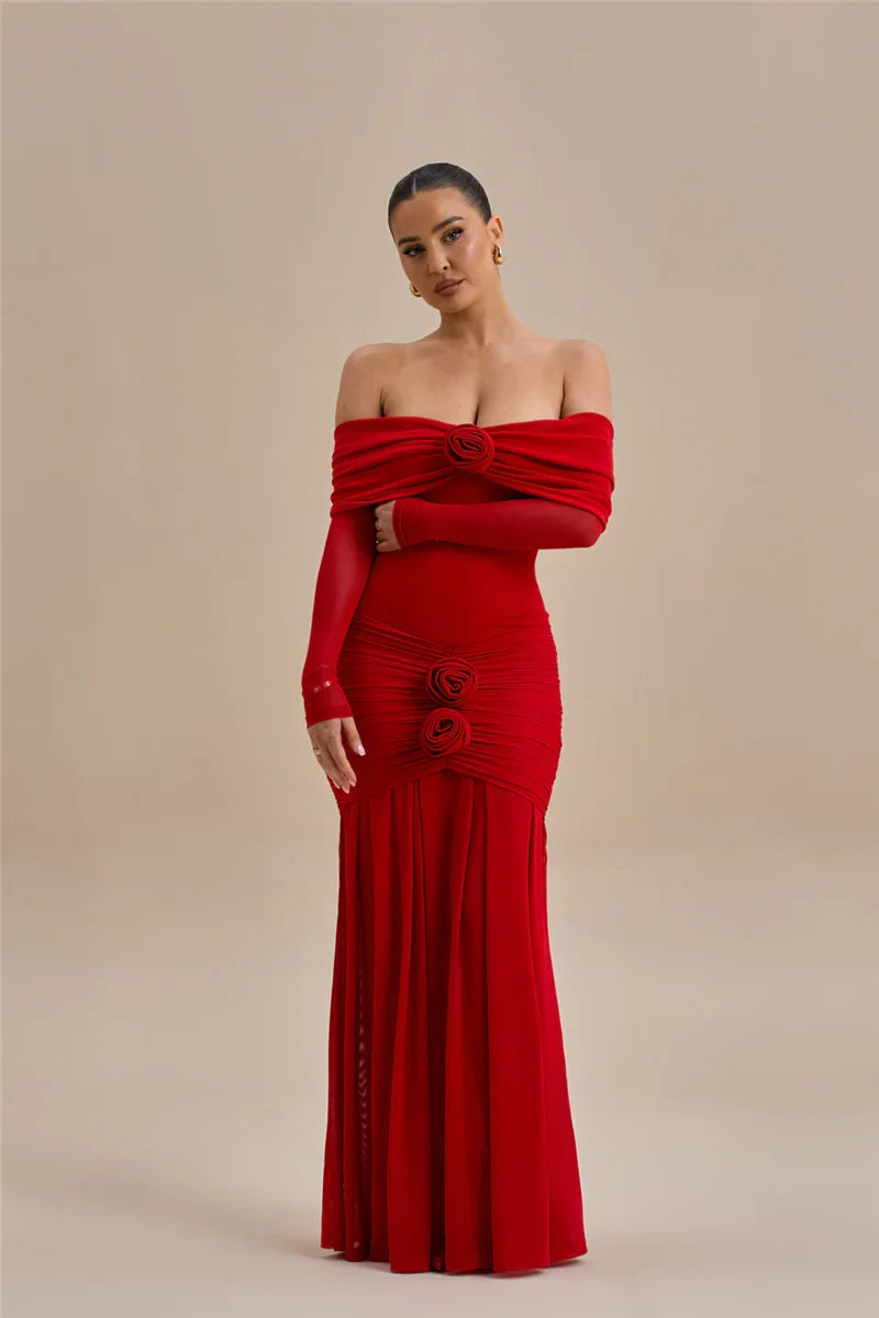 שמלת מקסי כתפיים חשופות בעיצוב כיווצים בעיטור אפליקציות פרחים - אנג'ליקה