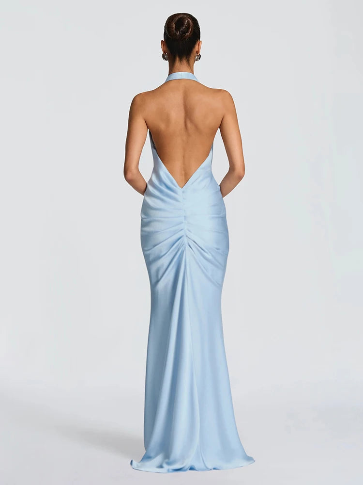 V-neck satin maxi dress with pleated design and open back - Shannon