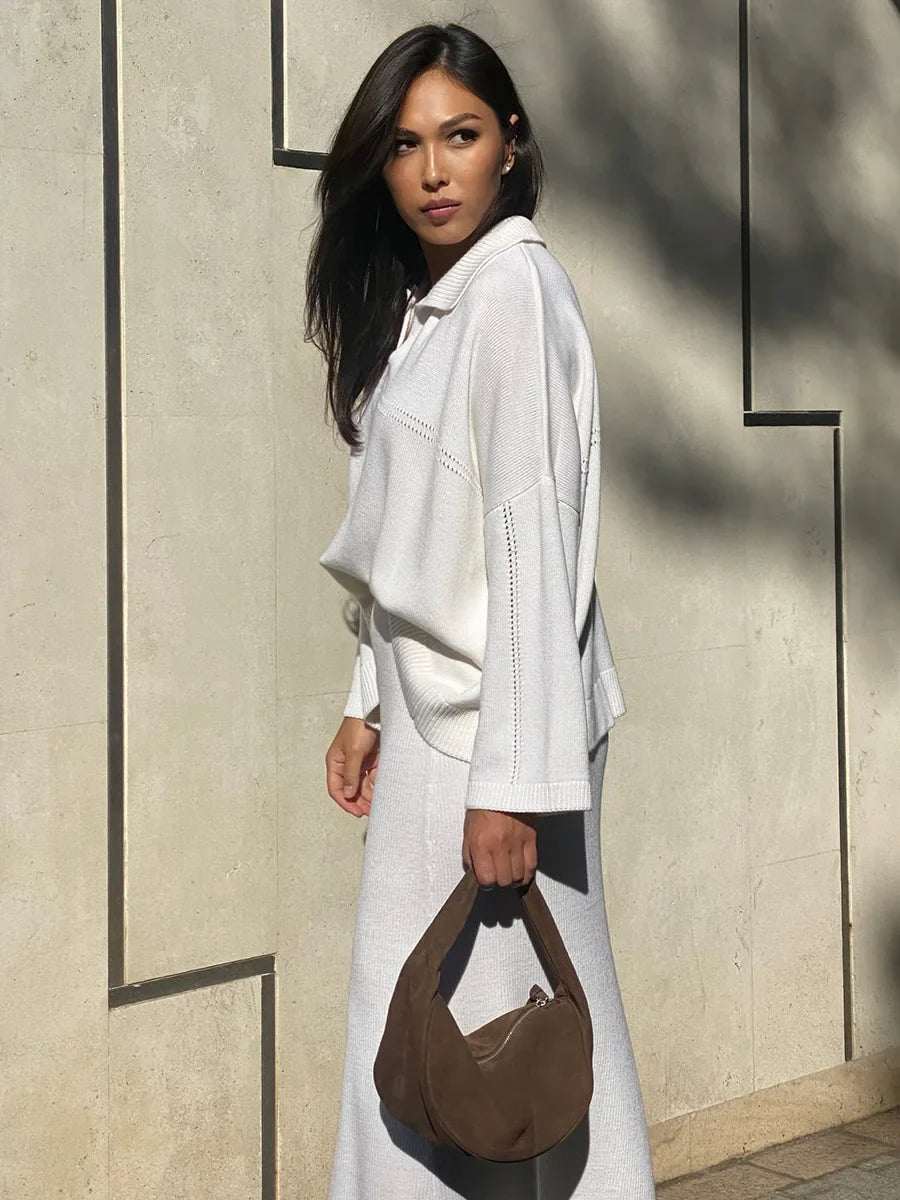 חליפת שני חלקים loose סרוגה חצאית מקסי וחולצה - שילב