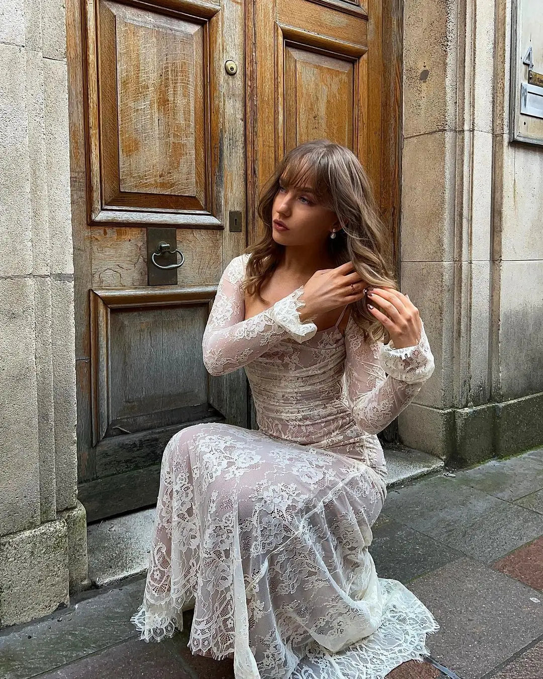 שמלת מקסי אלגנטית תחרה בשילוב עליונית שרוולי תחרה - איליה