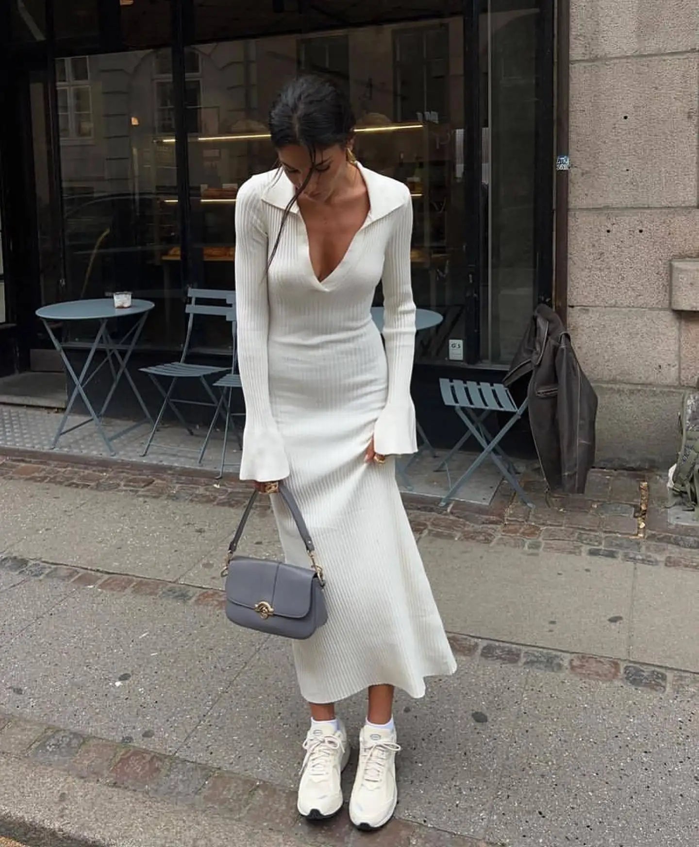 שמלת מקסי סריג צווארון צווארון פולו - גייל