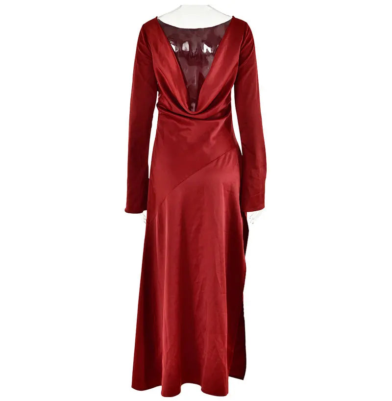 שמלת ערב מקסי סאטן גב פתוח בשילוב שסע ושרוולי פעמון  - מריאן