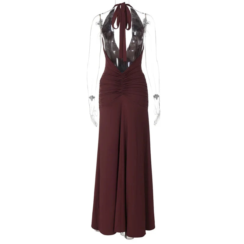 שמלת מקסי בעיצוב קשירה בצוואר ומחשוף V עמוק בעיטור שסע וכיווצים - צ'ינה