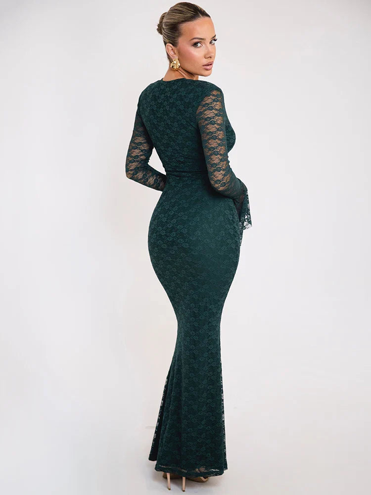 Bell Sleeve Lace Maxi Dress V Neckline - Zohara