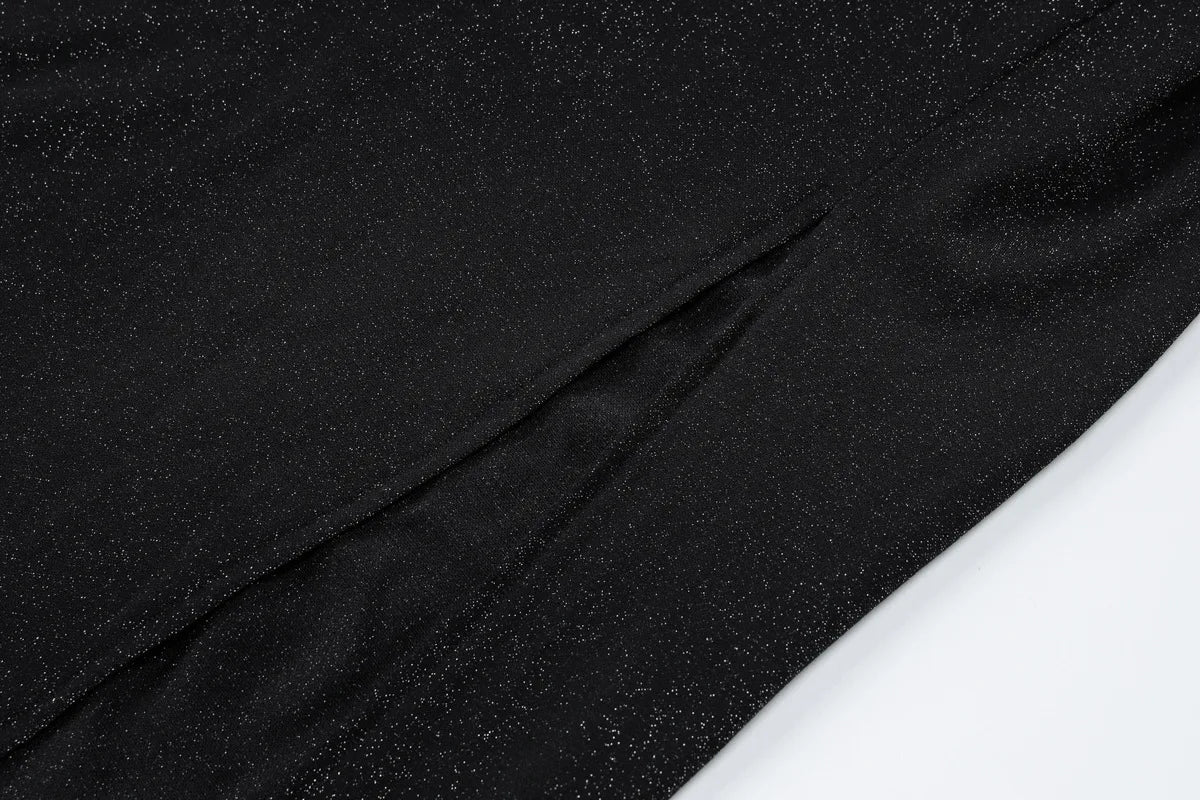 שמלת מקסי נצנצים צווארון חצי גולף בעיצוב כיווצים ושסע קצר - Hazel