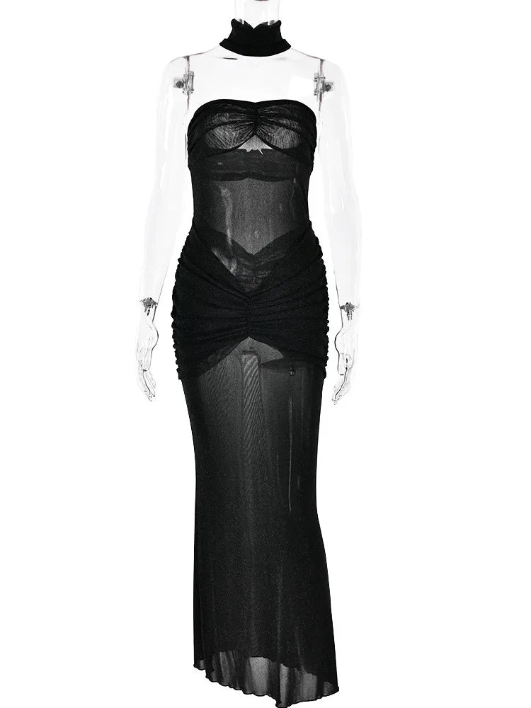 שמלת סטרפלס מקסי רשת נצנצים בעיטור כיווצים - Haisley