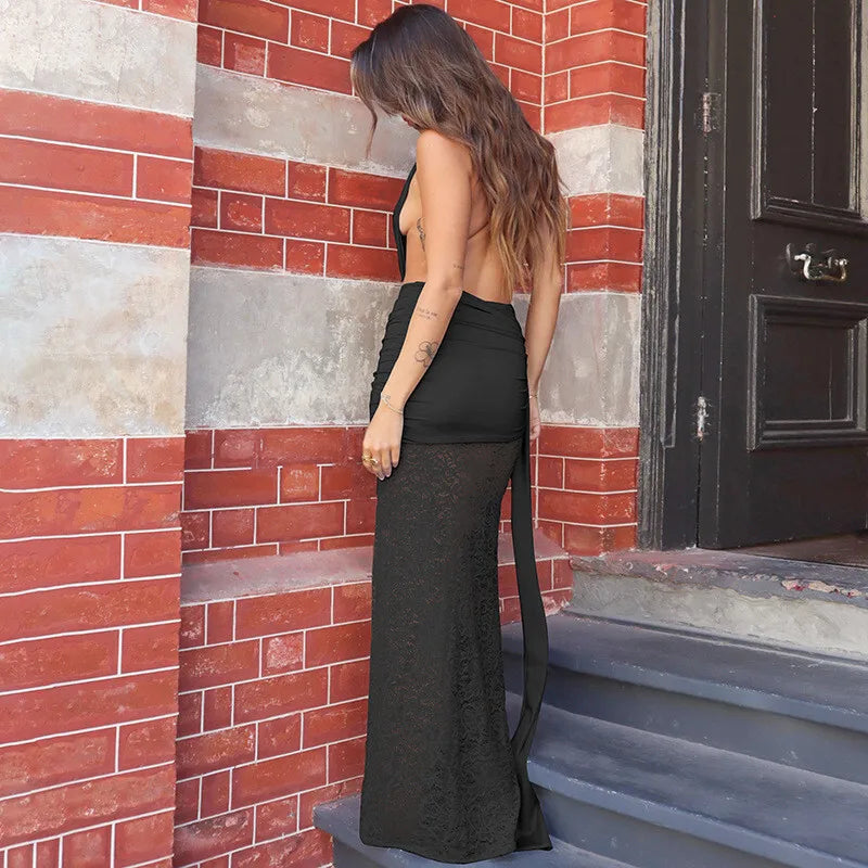 שמלת מקסי כיווצים בעיצוב גב פתוח ומחשוף עמוק בעיטור תחרה ושובל - מריאל