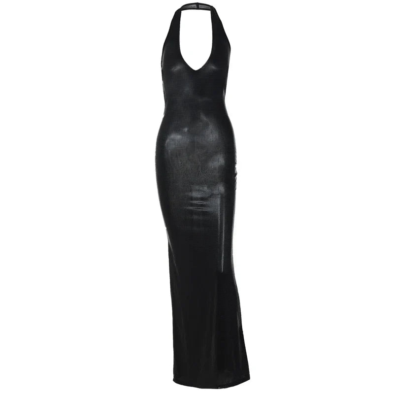 שמלת מקסי פייטים צמודה סגירה בצוואר קשירות בגב - סול