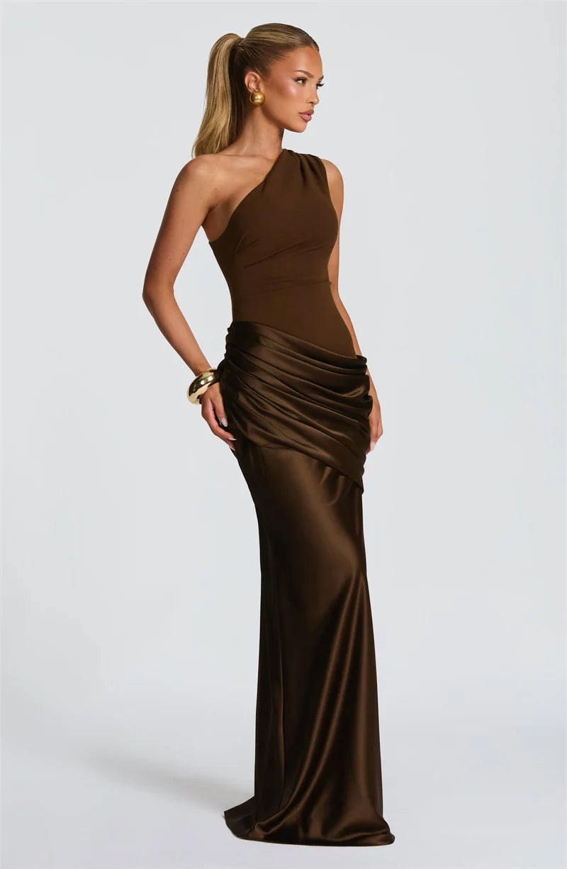 One-shoulder maxi dress with satin skirt and pleats - WENDI