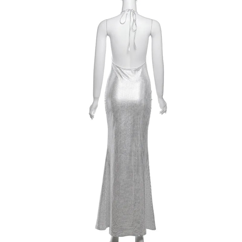 שמלת מקסי קולר גב פתוח בעיצוב רבועים מנצנצים - קייסי