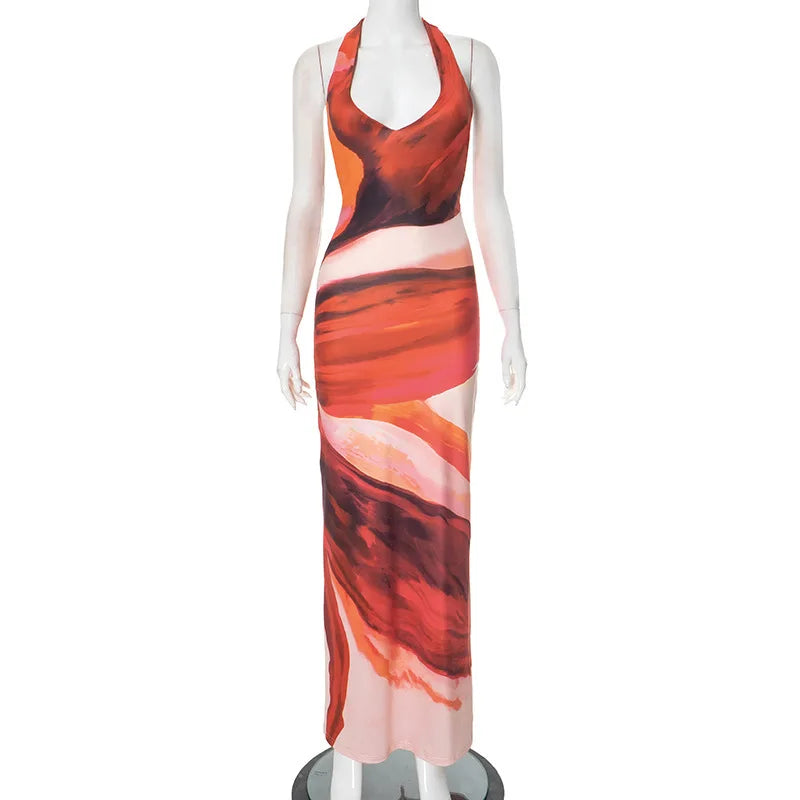 שמלת מקסי בהדפס צבעוני קשירה בצוואר גב פתוח - חוליה