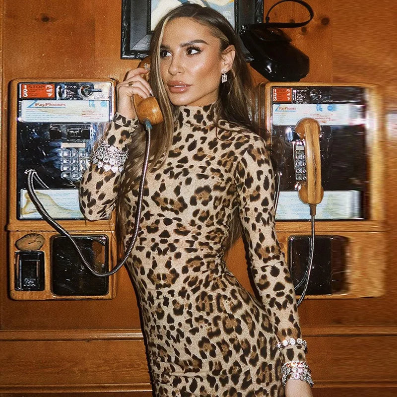 שמלת מקסי מנומרת צווארון גולף - מרלין