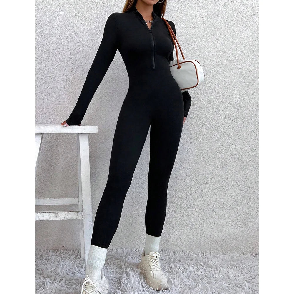 Long fitted jumpsuit in shaping fabric with front zipper closure - Alisson
